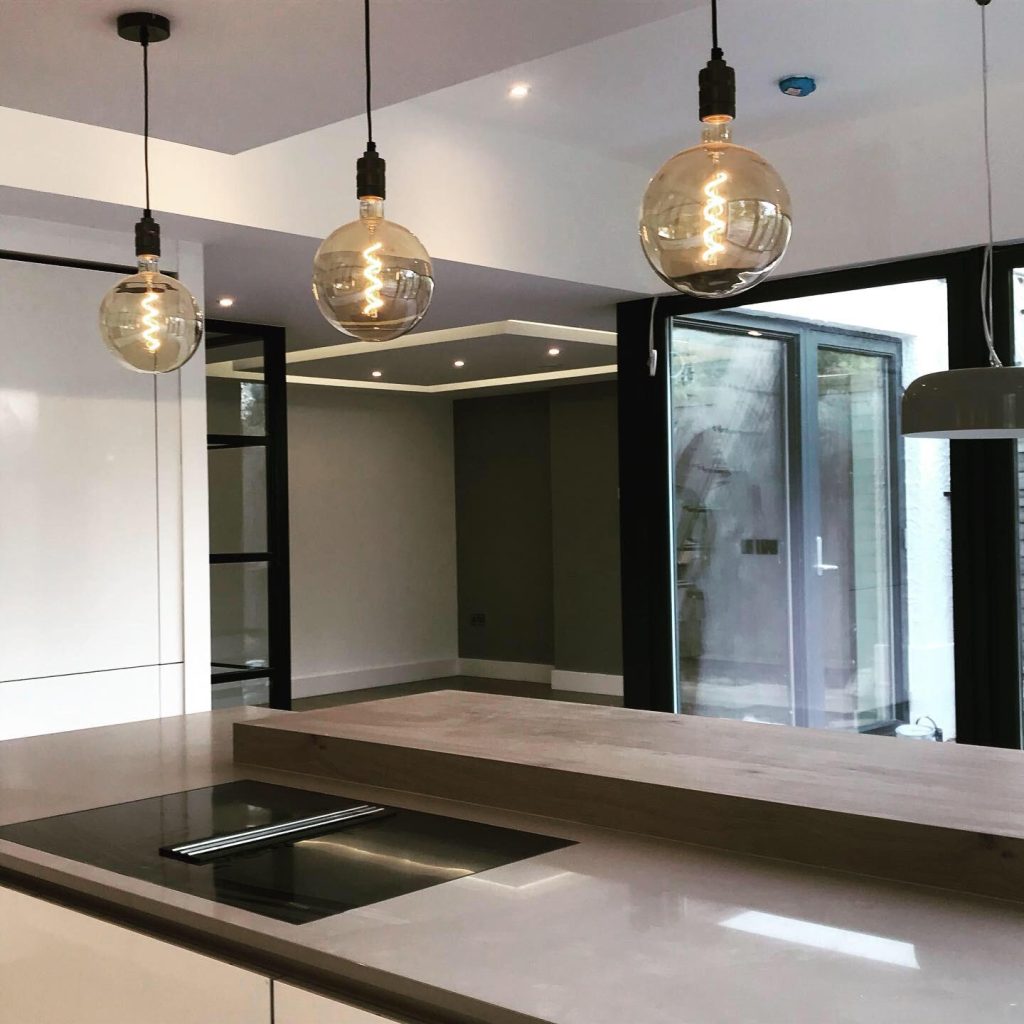 Pendant lighting above counter top.